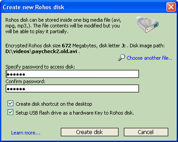 Steganography dialog - hide Rohos disk into AVI.MP3 media file.
