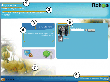 Customized welcome screen: Map showing how to change element on the wlcome screen. Clock on the welcome screen; date and the list of user accounts. Rohos increase the overall appearence and adds convience for Windows logon.